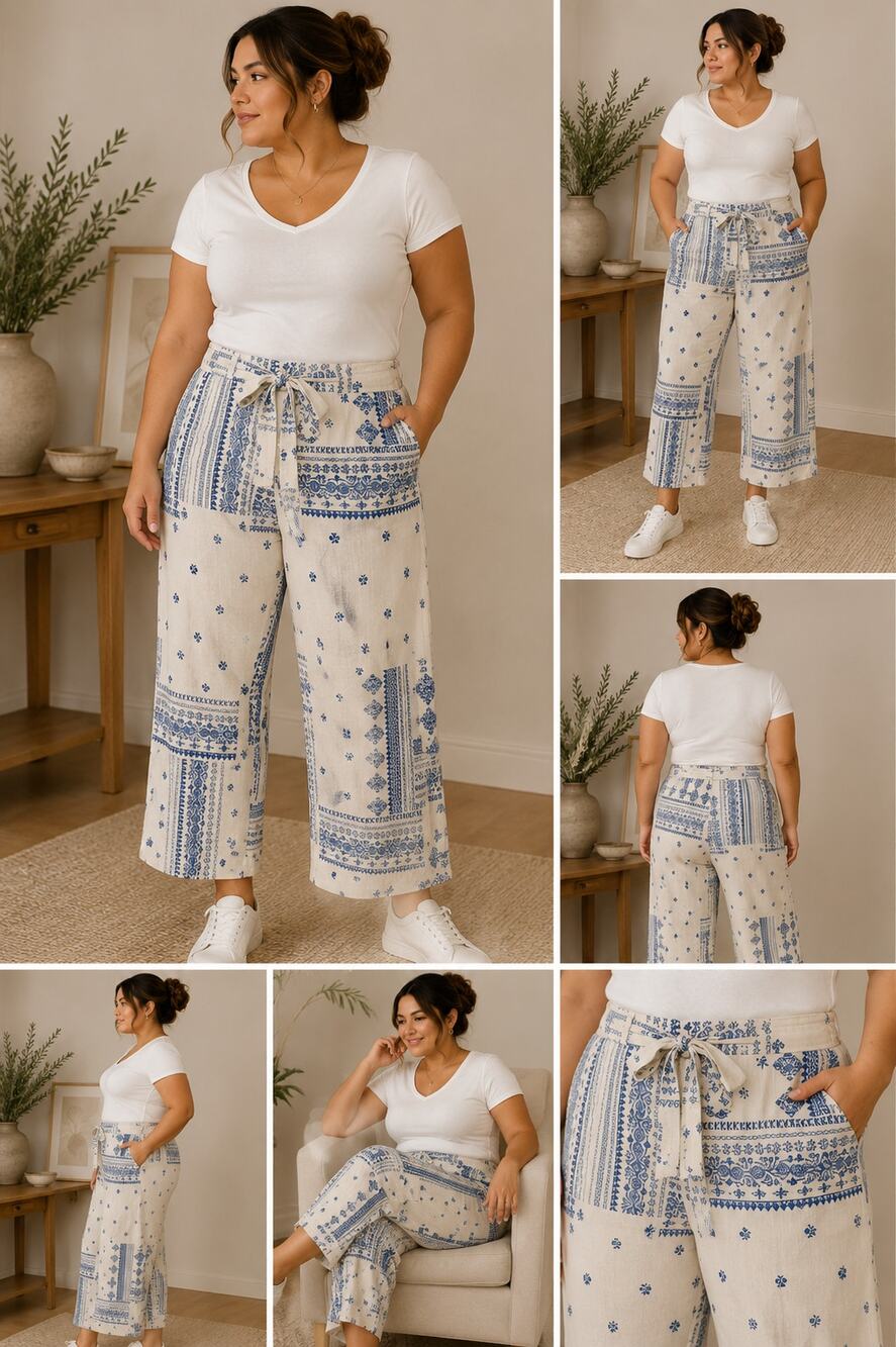 Joie Linen Blend Crop Pants 14 Blue White Resort Boho Anthro Coastal Summer
